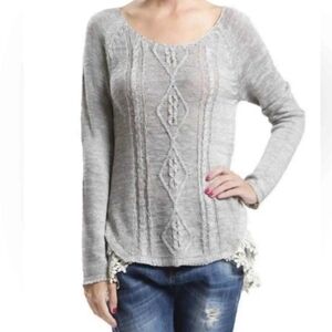 Ali Miles M Grey 3/4 Sleeve Lace Hem Knit Sweater Tunic Boho Chic Country